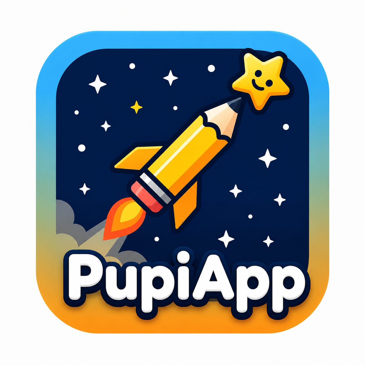 Logo oficial do PupiApp: um lápis-foguete amarelo decolando entre estrelas
